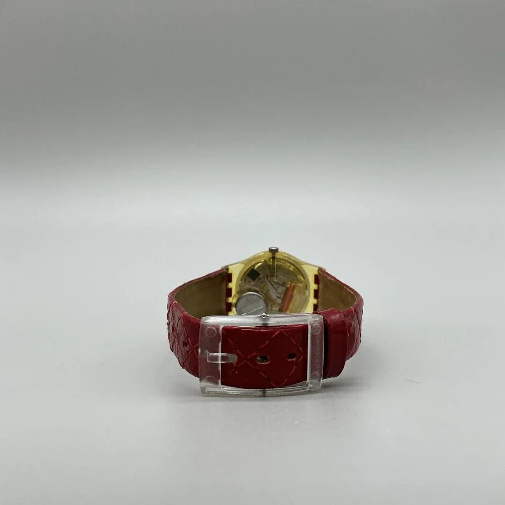Vintage Swatch Womens Watch 25mm Silver Dial Yellow Case Red Leather Swiss